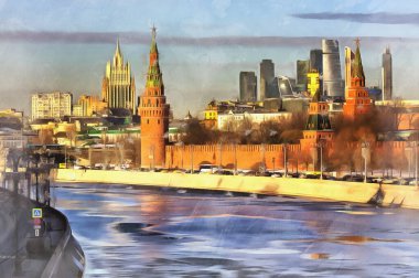 Kremlin ve Moskva nehri renkli resimli şehir manzarası