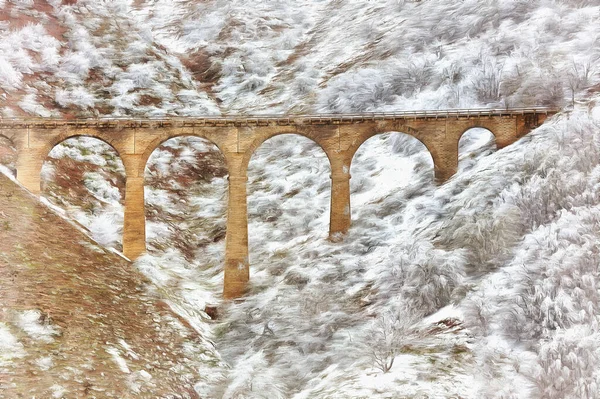 Puente viejo en las montañas nevadas pintura colorida — Foto de Stock