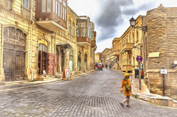 Straat in de oude stad kleurrijke schilderij — Stockfoto