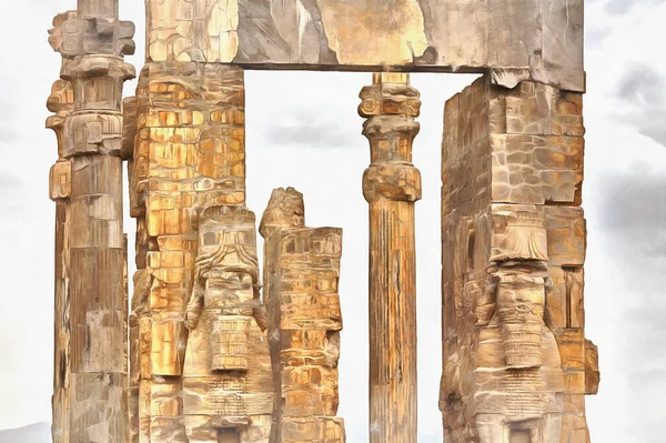 Ворота всіх народів, Ворота Ксеркса барвистий живопис, Персеполіс, церемоніальна столиця Імперії Ахеменідів, Фарс, Іран.. — стокове фото