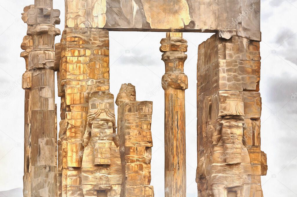 Gate of All Nations, Gate of Xerxes colorful painting, Persepolis, ceremonial capital of Achaemenid Empire, Fars Province, Iran.