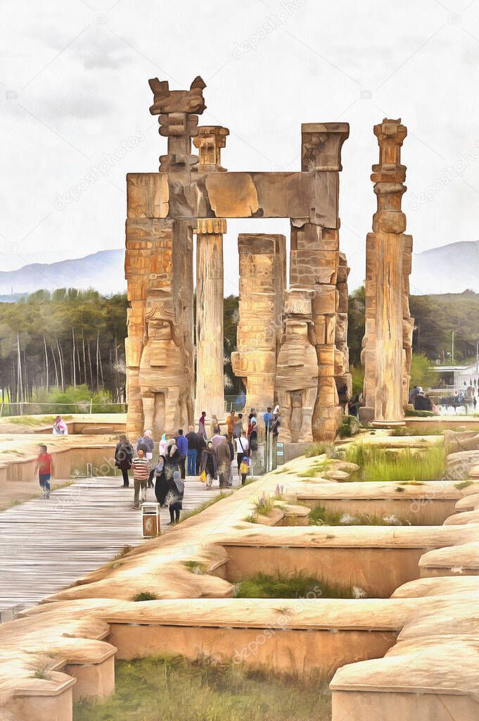 Gate of All Nations, Gate of Xerxes colorful painting, Persepolis, ceremonial capital of Achaemenid Empire, Fars Province, Iran.