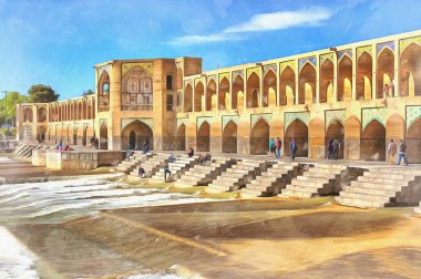 Khaju Köprüsü renkli resim, 17. yüzyıl, Zayanderud nehri, İsfahan, İran.