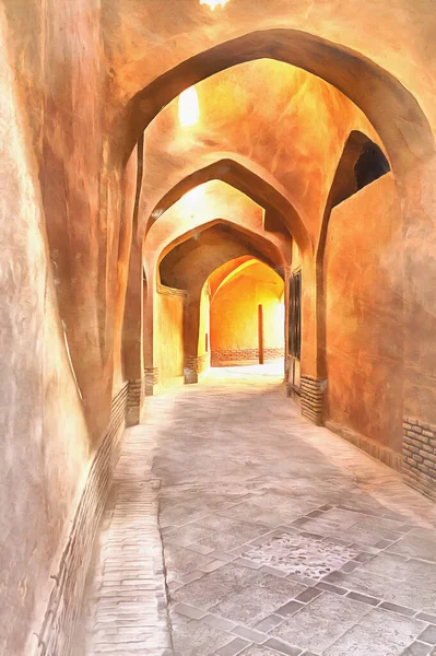 Straat in oude stad kleurrijk schilderij, Yazd, provincie Yazd, Iran. — Stockfoto