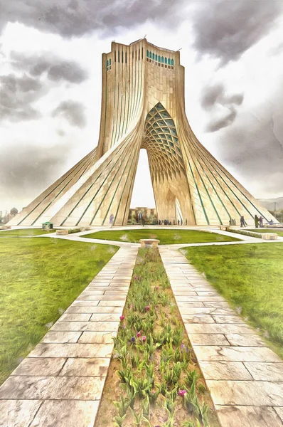 Azadi Tower kleurrijk schilderij, jaren zeventig, Teheran, Iran — Stockfoto