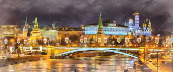 Зимовий вид на Москву ріку і Кремль барвистий живопис — стокове фото