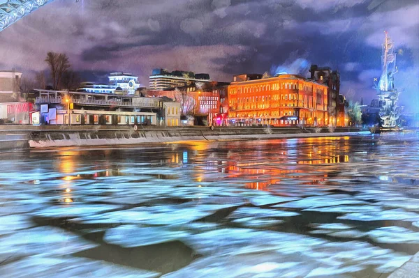 Moskva river embankment at night colorful painting — Stock Photo, Image