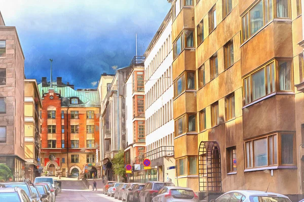 Вулиця в старовинному місті, барвистий живопис, Гельсінкі, Фінляндія.. — стокове фото