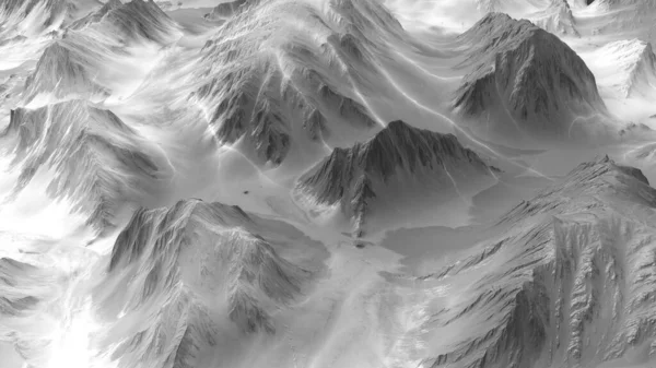 3D monokróm illusztráció a hegyvidéki táj domborzatáról. — Stock Fotó