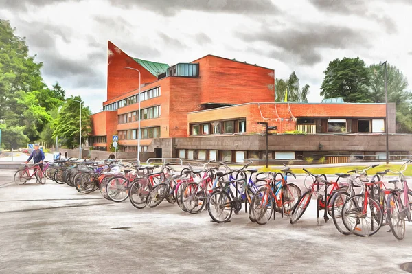 Otaniemi University main building colorful painting, 1975, Helsinki, Finland. — 图库照片