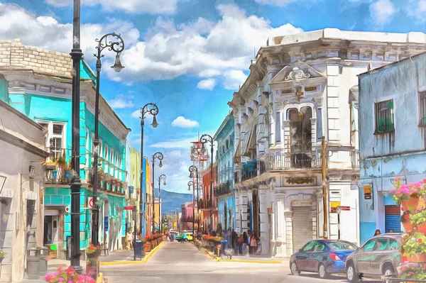 Straat in de oude stad kleurrijk schilderij, Atlixco, Puebla, Mexico. — Stockfoto