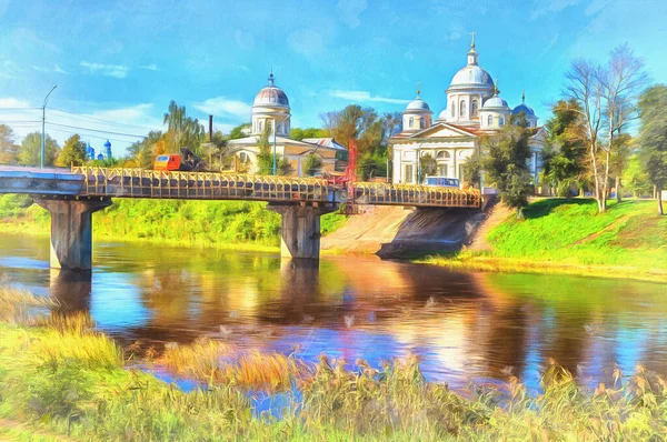 Voskresensky klooster kleurrijk schilderij, 19e eeuw, Torzhok, Tver regio Rusland. — Stockfoto