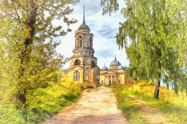 Boris en Gleb kathedraal en Redder klokkentoren kleurrijk schilderij — Stockfoto