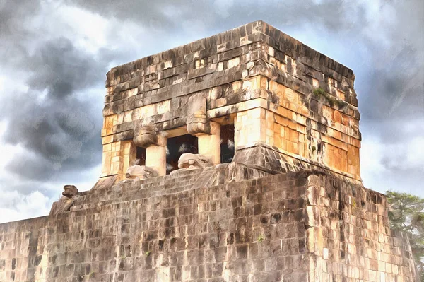 Pintura colorida de la ciudad en ruinas mayas, siglo XI, Chichén Itzá, Yucatán, México. —  Fotos de Stock