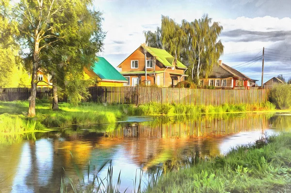 Casa de pueblo pintura colorida, Vologda región, Rusia. — Foto de Stock