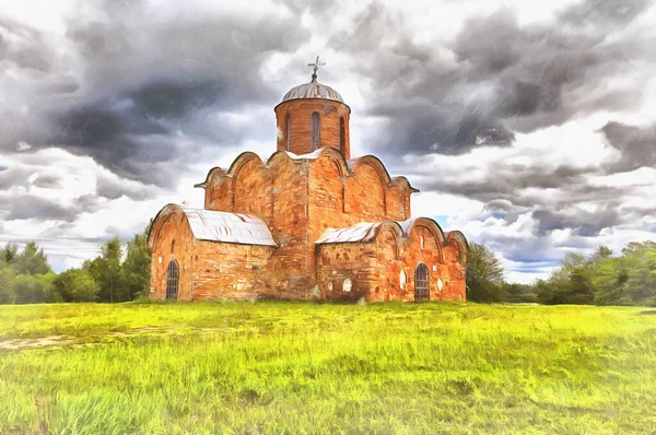 Verklärung-Kirche in Kowaljowo bunte Malerei, 1345, Kowaljowo, Weliki Nowgorod, Russland. — Stockfoto