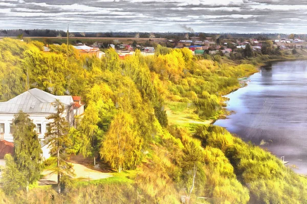 Sukhona rivier kleurrijk schilderij, Totma, Vologda regio Rusland. — Stockfoto