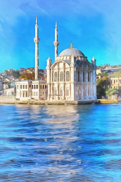 Ortakoy Moschee farbenfrohes Gemälde, 1856, Bosporus Istanbul Türkei. — Stockfoto