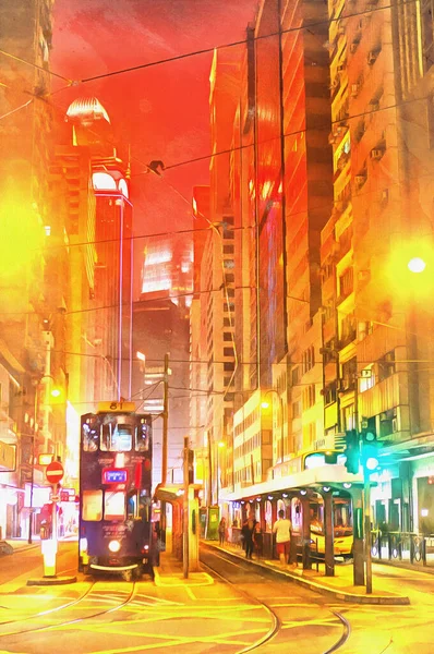 Straat 's nachts kleurrijke schilderij, Hong Kong, China. — Stockfoto