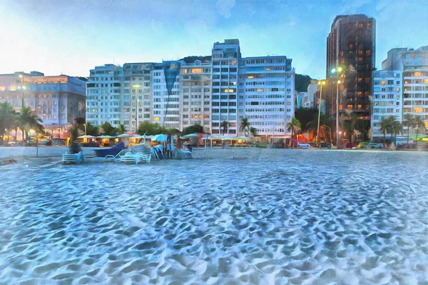 Copacabana strand 's nachts kleurrijk schilderij, Rio de Janeiro, Brazilië. — Stockfoto