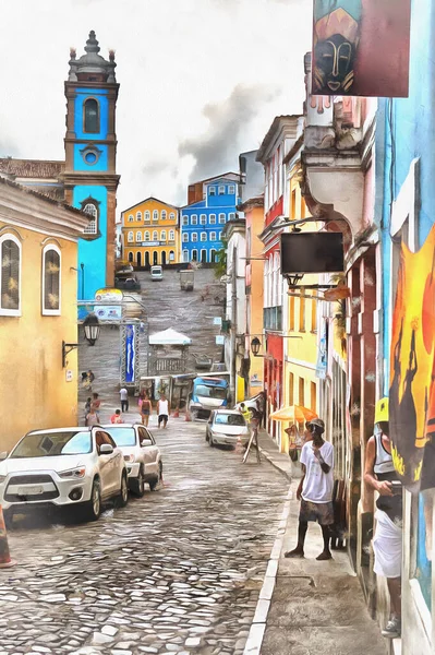 Ulica w starym mieście kolorowe malarstwo, Salvador, stan Bahia — Zdjęcie stockowe