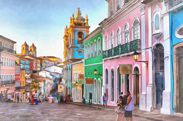 Straat in de oude stad kleurrijke schilderij, Salvador, Bahia staat — Stockfoto