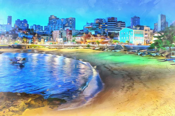 日落时分，在里约热内卢的海滩上，一幅五彩斑斓的油画映入眼帘 — 图库照片