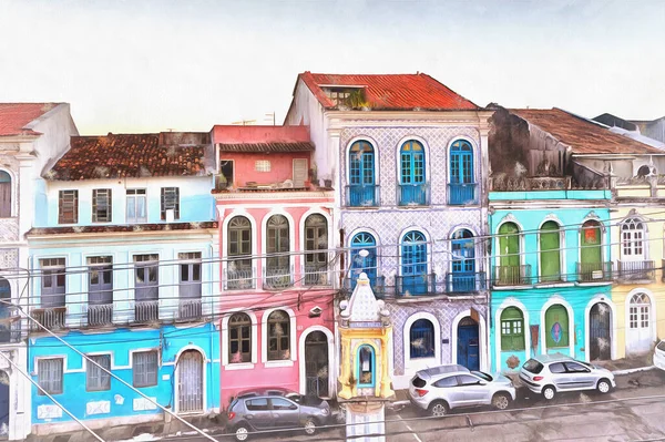 Ulica w starym mieście kolorowe malarstwo, Salvador, stan Bahia, Brazylia. — Zdjęcie stockowe