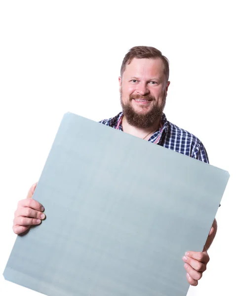 Fröhlicher bärtiger Mann im Hemd mit blankem Objekt für Ihr Logo — Stockfoto