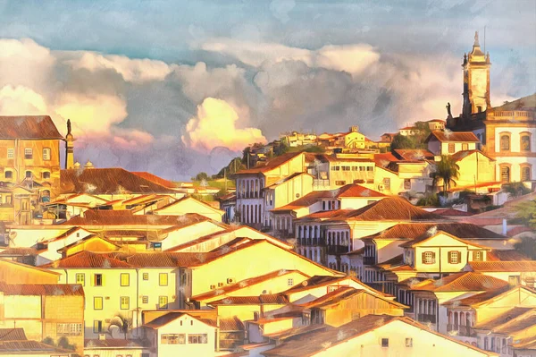 Stadsbild av gamla stan färgglada målning, Ouro Preto, Minas Gerais State, Brasilien. — Stockfoto