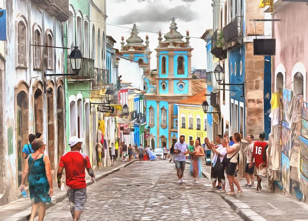 Straat in de oude stad kleurrijke schilderij, Salvador, Bahia staat — Stockfoto