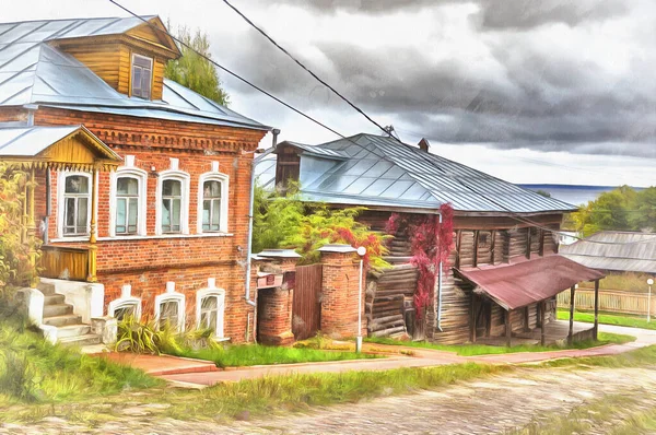 Vintage houten huis kleurrijk schilderij, Yuryevets, regio Ivanovo, Rusland. — Stockfoto