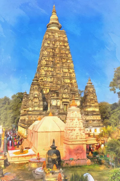 Mahabodhi tempel kleurrijke schilderij, Bodh Gaya, Bihar India. — Stockfoto