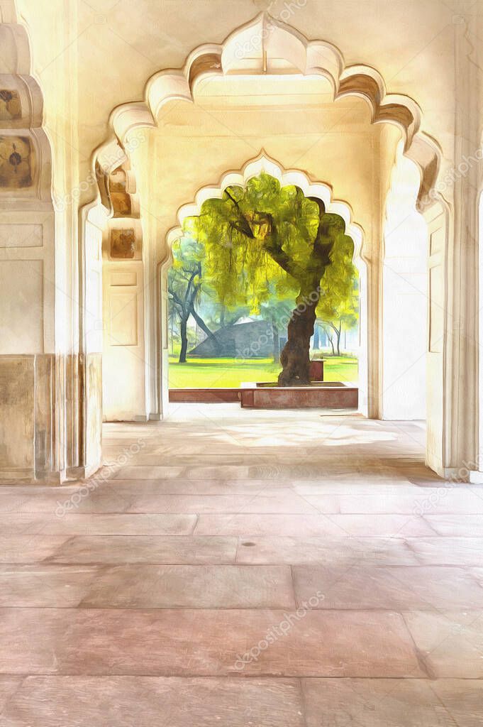 Rang Mahal colorful painting, Red Fort, Lal Qila, Delhi India.