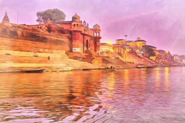 Chet Singh fort Cityscape from Ganges colorful painting, Varanasi, Uttar Pradesh, India. clipart