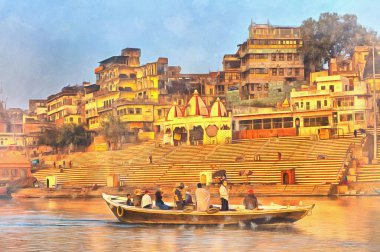 Cityscape from Ganges colorful painting, Varanasi, Uttar Pradesh, India. clipart
