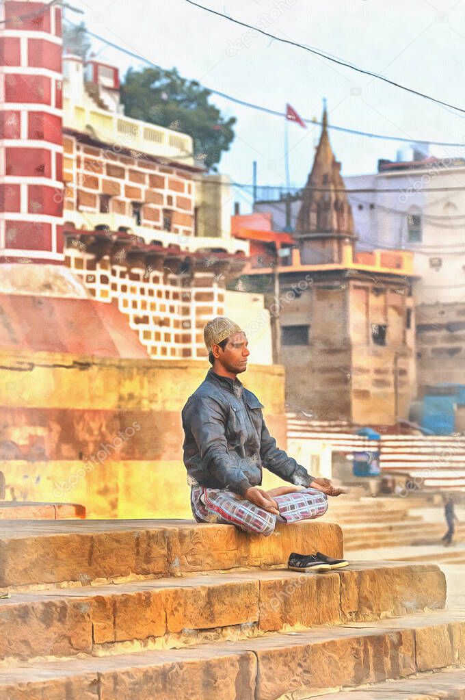 Hinduist practicising meditation colorful painting, Cityscape from Ganges, Varanasi, Uttar Pradesh, India.