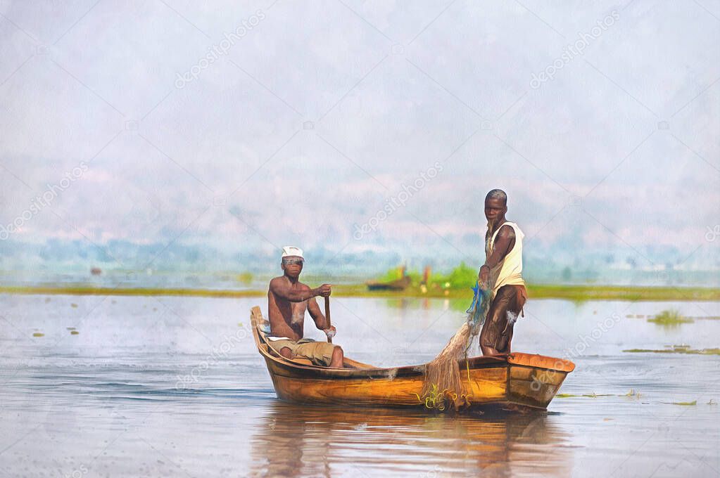 People in the boat colorful painting, Murchison Falls national park, Uganda.