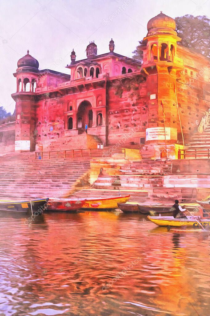 Chet Singh fort Cityscape from Ganges colorful painting, Varanasi, Uttar Pradesh, India.
