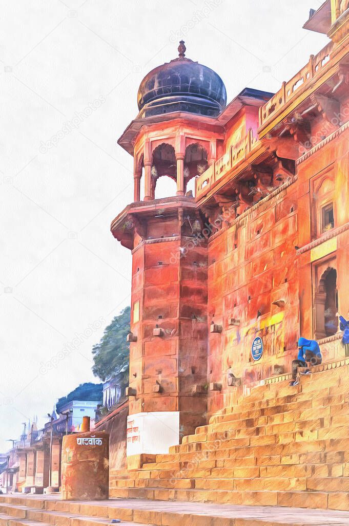 Chet Singh fort colorful painting, Cityscape from Ganges, Varanasi, Uttar Pradesh, India.