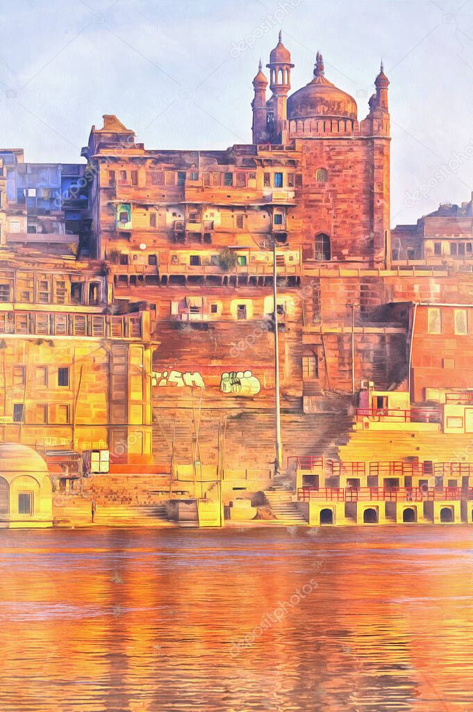 Cityscape from Ganges colorful painting, Varanasi, Uttar Pradesh, India.