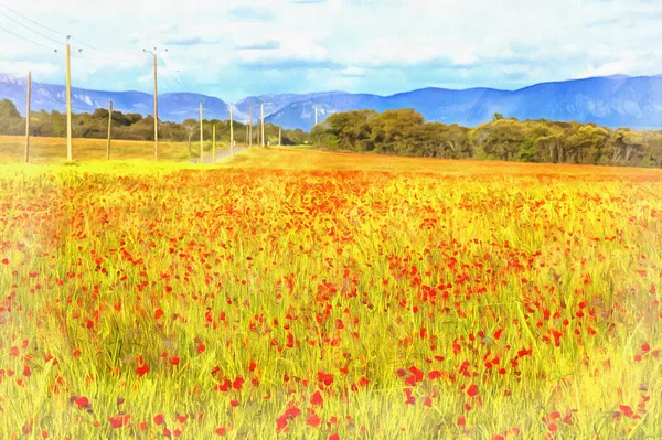 Red poppies field colorful painting looks like picture — Stock Photo, Image