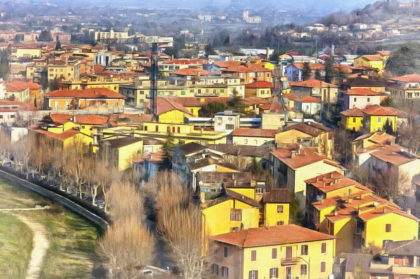 Prachtig stadsgezicht van Spoleto kleurrijk schilderij ziet eruit als beeld — Stockfoto