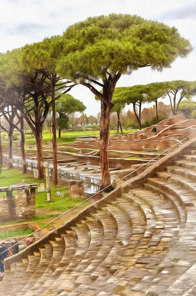 Beautiful view on ruins of ancient Roman Ostia Antica colorful painting looks like picture — Stock Photo, Image