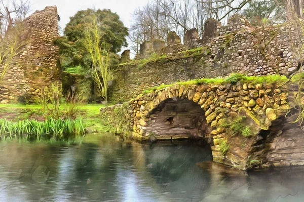 Beautiful view on ancient bridge colorful painting looks like picture — Stock Photo, Image