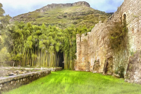 Piękny widok na starożytne ściany i ogród kolorowe malarstwo wygląda jak obraz — Zdjęcie stockowe