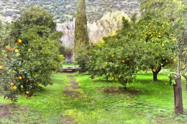 Όμορφη θέα στον αρχαίο τοίχο και κήπο πολύχρωμη ζωγραφική — Φωτογραφία Αρχείου