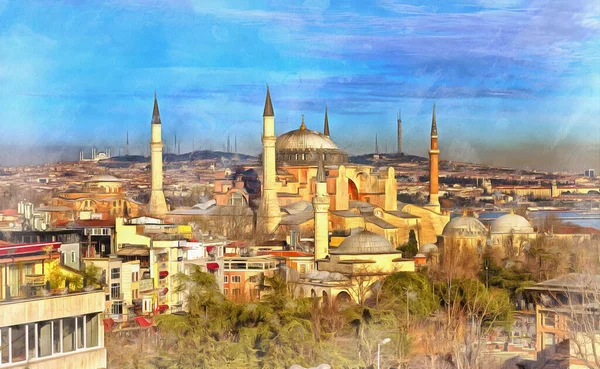 Bela paisagem urbana com Hagia Sophia pintura colorida parece imagem — Fotografia de Stock