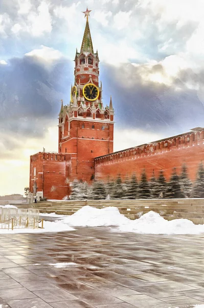 Schöne Aussicht auf den Roten Platz bunte Malerei sieht aus wie Bild, Spasskaja Turm — Stockfoto