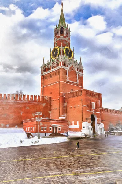 Beautiful view on Red square colorful painting looks like picture, Spasskaya tower — Stock Photo, Image